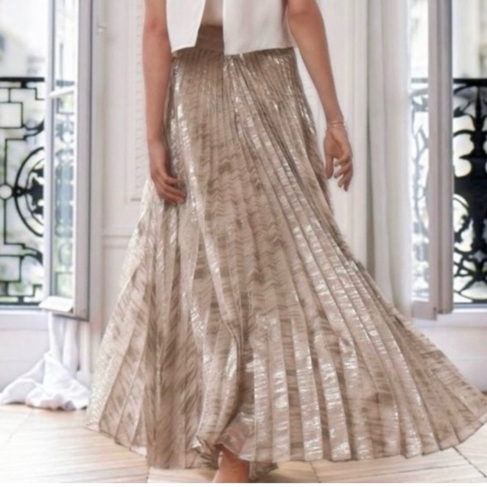 Anthropologie Metallic Pleated Maxi Skirt in Champagne